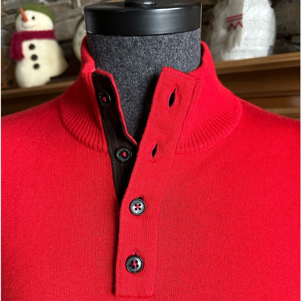 THOMAS DEAN Men’s Red Extra Fine Merino Wool Henley Style Sweater - Size XL